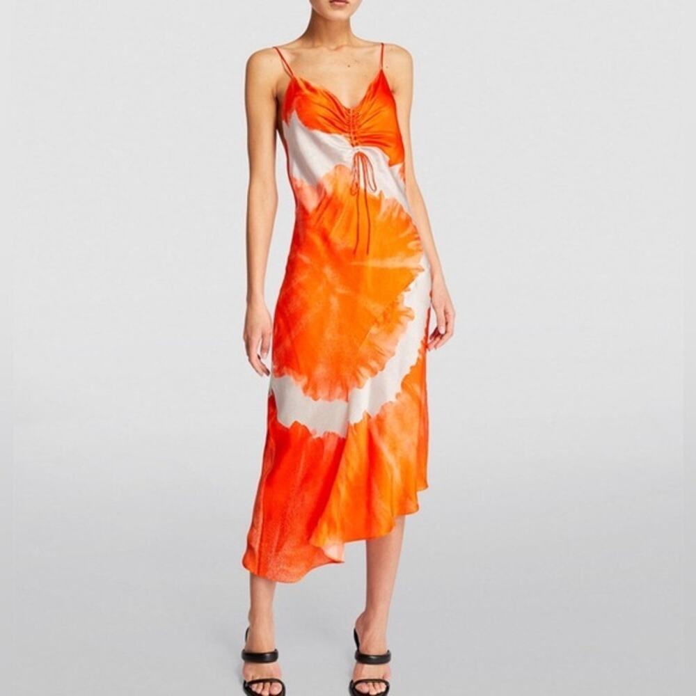 ALLSAINTS Orange Satin Silk Blend Scoop Neck Alexia Marinana Dress Size 10